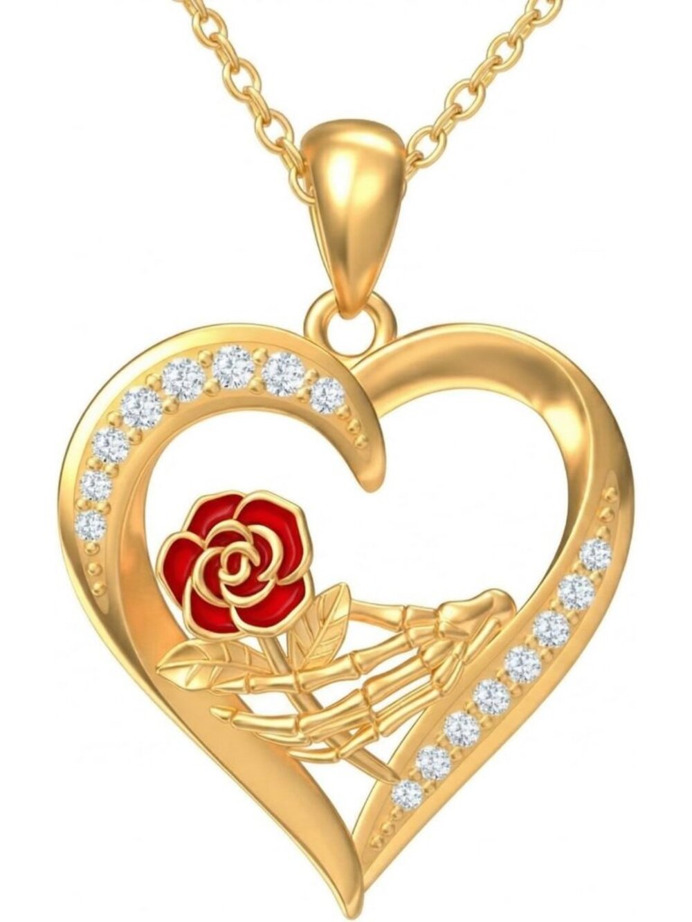 Gothic Skeleton Hand Rose Necklace - Romantic Heart Pendant Jewelry Gift for Her